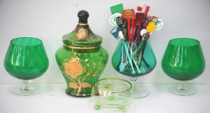 Lot 145 - Vintage group lot of Glass & Swivel sticks inc Green Brandy Balloo