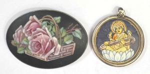 Lot 170 - 2 pces silver jewellery - lge oval floral enamel handpainted brooch ma