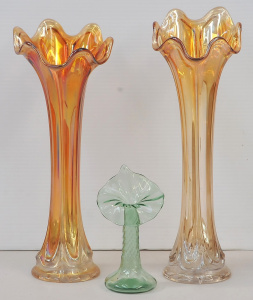 Lot 192 - 3 pces Vintage carnival glass inc 2 x Marigold Vases 31cm & 33cm H