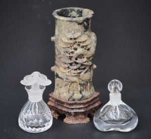 Lot 194 - Hand carved Chinese soapstone brush pot depicting cranes (16cm H) and