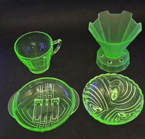 Lot 206 - 4 pieces of Art Deco uranium glass inc 2 small bowls, coffee cup, vase