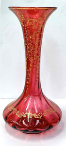 Lot 217 - Victorian Ruby glass vase with hand painted gilded scrolls decoration