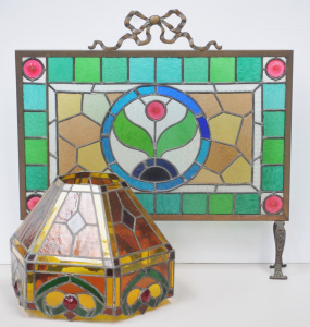 2 pces vintage Leadlight glass inc Fireguard with Brass Mounts and bow to top (a