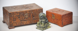 3 x pieces - 2 x small Carved Camphor Wood Jewellery boxes largest 35cm W + Car