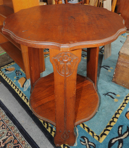 Oak Arts & Crafts Side Table - shaped top & bottom shelf, 3 x Flat Legs