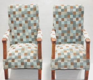 Pair vintage sprung c1930s childs' Rocking Chairs - Blue & Brown Velour chec