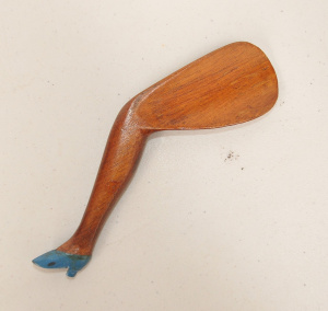 Vintage c1900 Carved & Shaped Cedar Shoe Horn shaped like a Ladies Leg w Blu
