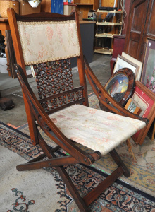 Vintage c1900 Folding Campaign or Safari Chair - possibly walnut frame w Carved