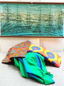 Lot 29 - 1960s70s fabric items inc green and blue curtains, a wall hanging depic