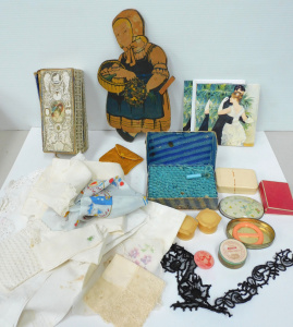 Lot 31 - Mixed Box Vintage inc Napery, Religious verse box, Bakelite jewellery b