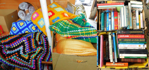 Lot 37 - 5 x Boxes Mixed inc Fabrics, Rugs, Haberdashers Colourful crocheted ru