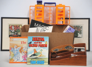 Lot 41 - Mixed box lot inc 2 x framed Margaret Preston prints, vintage MCC neckt