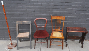 Lot 55 - Group of vintage occasional furniture inc rattan seated kangaroo backed