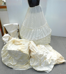 Lot 64 - 2 boxes of vintage linen and silk inc hooped underskirts, collars and c
