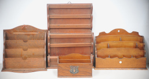Lot 144 - 4 vintage wooden deskletter organisers in various timbers - tallest 41