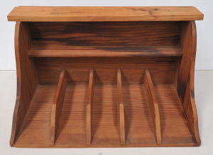 Lot 147 - Vintage Red Pine Desk Tidy w Carved & Gilded Text to back 'Museum