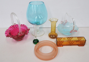 Lot 150 - Group lot of vintage coloured glass inc Fenton cranberry Basket with p
