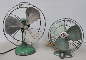Lot 153 - 2 x Vintage metal fans inc Elcon Hammered Green tone 33cm H and Frost
