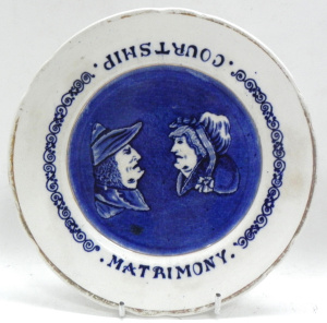 Lot 213 - 1886 Novelty Cabinet plate - 'Courtship & Matrimony' blue & wh