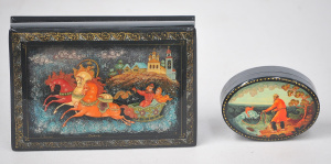 2 x Vintage Russian Lacquerware Boxes incl Scene of a Man Fishing