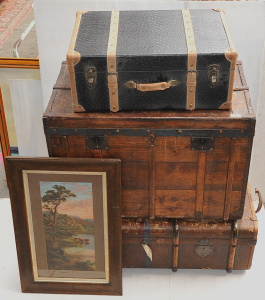 4 pces inc 3 x Large Travelling trunks - Ostrich Hide with Leather straps, Woode