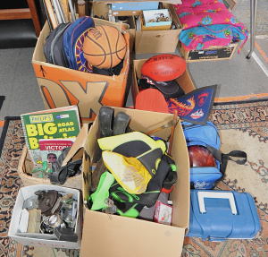 5 x Boxes of Assorted Sporting Items incl Fishing Rods, Bowling Ball w Bag, Harp