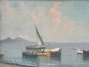 Framed c1920 30s European Oil Painting - Fishing Boats, Bay of Naples with Mt V