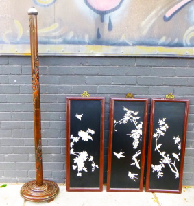 Group Decorative Oriental Items inc, 3 Black Lacquer Panels with white floral a