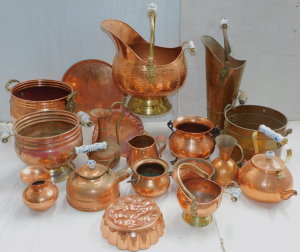 Large Group of vintage Copper inc Coal scuttles, Jardinires, Kettles, Cauldrons,