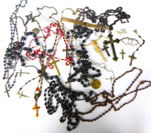 Small Box lot of Vintage Rosaries, Crucifixes, Sterling Silver inc brooch, gold