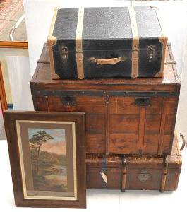 Lot 14 - 4 pces inc 3 x Large Travelling trunks - Ostrich Hide with Leather stra