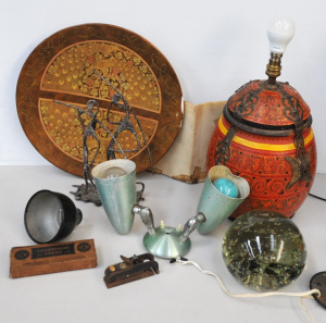 Lot 16 - Mixed box lot inc Middle Eastern barrel lamp (46vm H inc bulb), vintage
