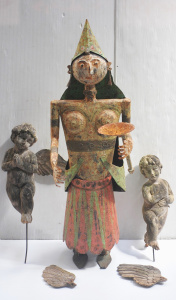 Lot 44 - Vintage Indian metal statue holding a candlestick (96cm H) and 2 vintag