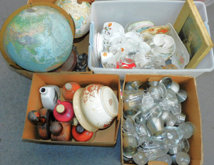 Lot 47 - 4 x Boxes Mixed in 2 World Globes, Metal Lamp, Ceramic decanters, China