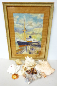 Lot 52 - Group Nautical Themed items in framed Water Colour of a Sailing Ship, s