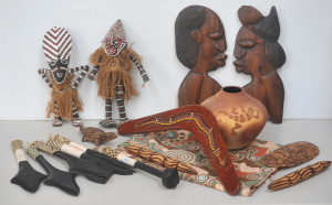 Lot 83 - Box lot of Tribal items inc Aboriginal table cloth, clapsticks, signed