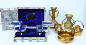 Lot 106 - 2 x Indian pressed metal book-shaped jewellery boxes (29cm W) and a gr