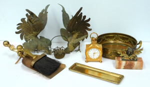 Lot 114 - Group of vintage brass items inc pair of fighting cockerels and a hand
