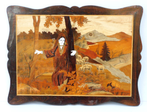 Lot 149 - Marquetry picture of a central Asian shepherdess with various timber i