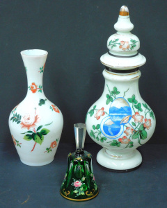 Lot 177 - 3 pieces of hand-painted Victorian glass inc lidded milk glass urn (30