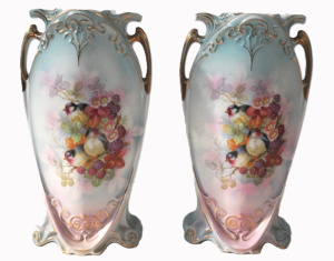 Lot 206 - Pair of Victorian Czechoslovakian Ceramic Vases - Pale Blue & Pink