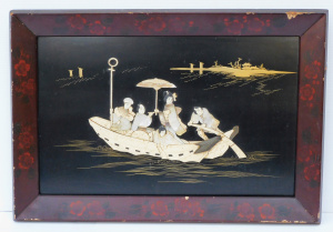 Lot 213 - Vintage framed oriental bone and mother-of-pearl inlaid image of a fam