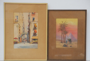 2 x Framed Paintings - c1920s unsigned Watercolour - 'The Pyramids' 24x18cm &amp