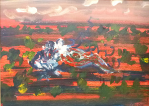 Bernard Lawson (1909 - 1998) Large Framed Oil Painting - Figures in Red Landscap