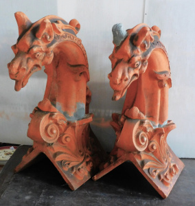 Lot 1 - Pair of vintage terracotta horse head Roof finials - 70cm H - af repairs