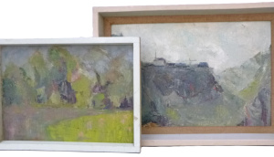 Lot 7 - Artist Unknown 2 x Framed Modernist Landscape Oil paintings - Summer in