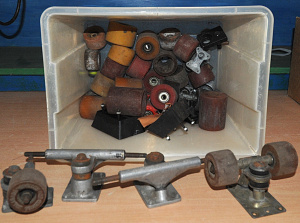 Lot 24 - Box lot of Vintage Skateboarding Accessories incl Pair of Edwards Truck