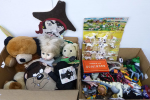 Lot 45 - 2 x Boxes Toys & Action figures inc Point of Sale Plastic Farm Set,