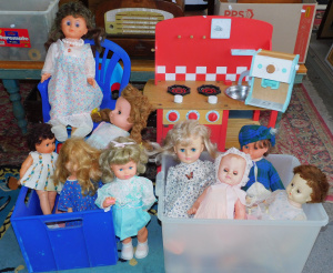 Lot 56 - Group of vintage and modern children's items inc 2 boxes of dolls + cha