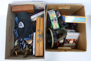 Lot 67 - 2 x Boxes Mixed inc Vintage metal Hammertone car horn, Figures, Musical
